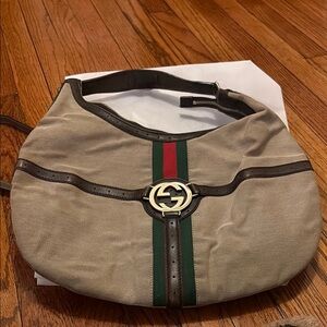 Gucci Tan and Green Messenger Bag with Canvas Material